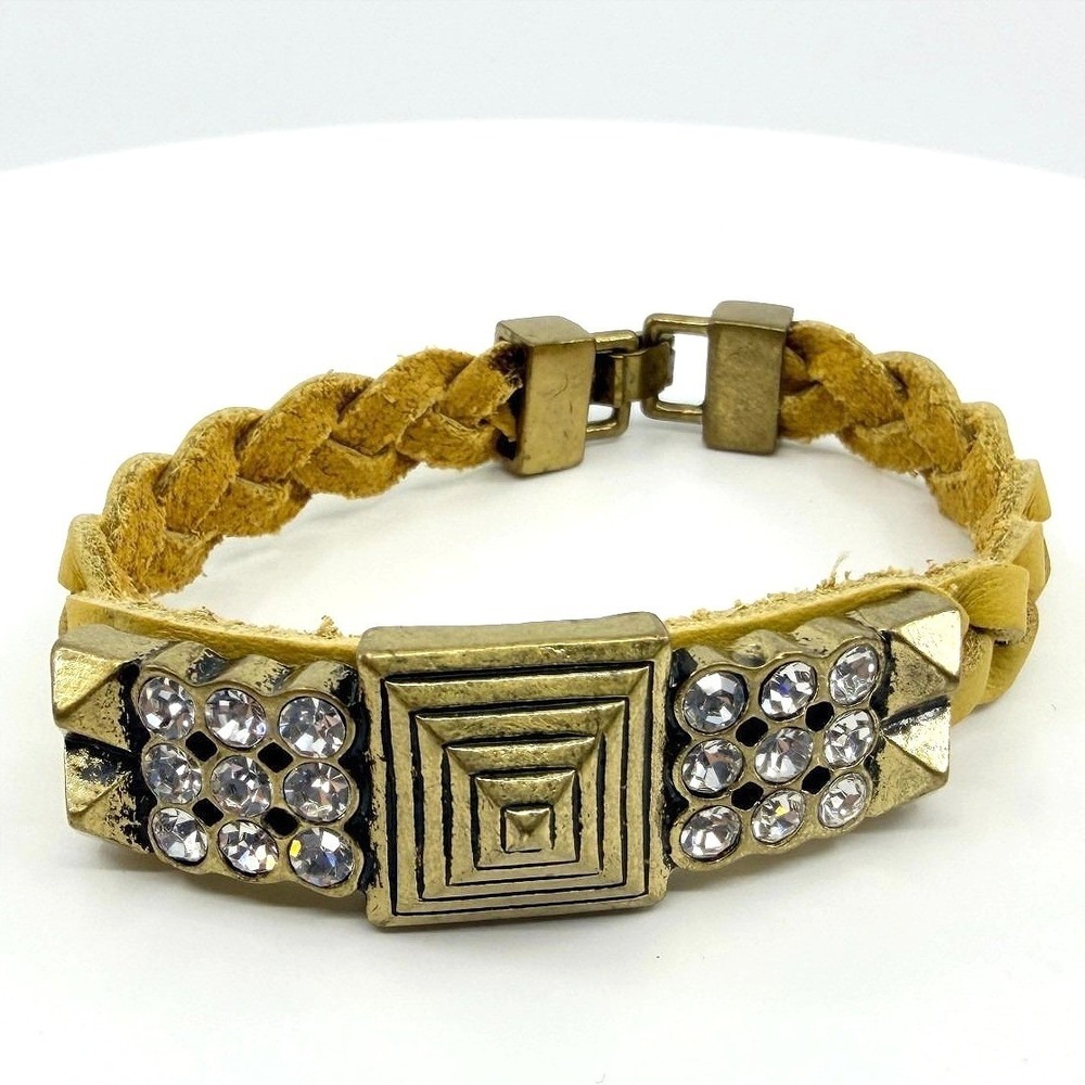 Vintage Antique Gold Tone Yellow Braided Statement Bracelet Rhinestone‎ Bold Y2K